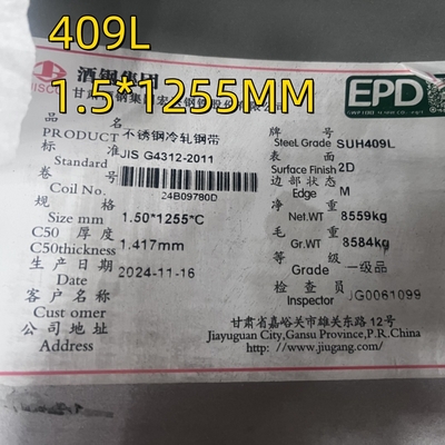JIS G4312 SUH409L SUS409L Stalowe blachy walcowane na zimno 1,5 mm wykończenie 2D