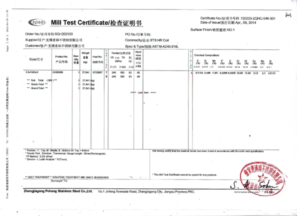 Chiny JIANGSU MITTEL STEEL INDUSTRIAL LIMITED Certyfikaty